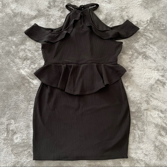 Black High Neck Cold Shoulder Peplum Style Dress - Picture 2 of 5